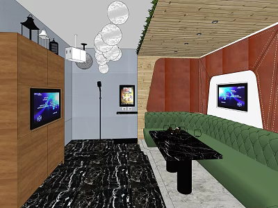 KTV Room Interior With Green Sofa Black Marble Table TV Screens And Pendant Lights 3d model
