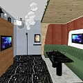 KTV Room Interior With Green Sofa Black Marble Table TV Screens And Pendant Lights