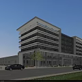 Modern Multi Story Office Building With Glass Facade Evening Lighting Landscaped Surroundings And Parked Cars