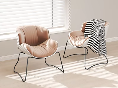 Light Brown Leisure Chair with Metal Legs Striped Blanket and Sunlight on Wooden Floor 3d model