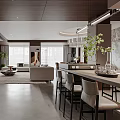 Modern Elegant Open Plan Living And Dining Room With Marble Accents And Warm Wood Furnishings