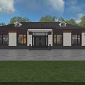 Traditional Detached Villa With Tile Roof Symmetric Windows And Lawn Front Yard
