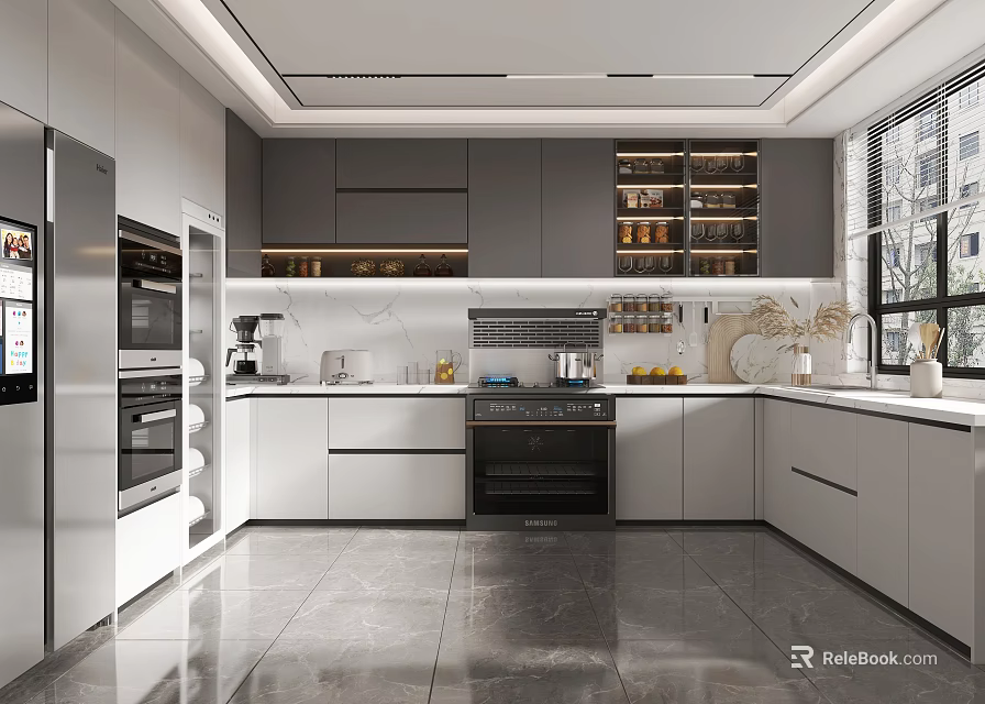 Modern Kitchen With Gray White Cabinets Stainless Steel Appliances And Stone Floor 3d model 