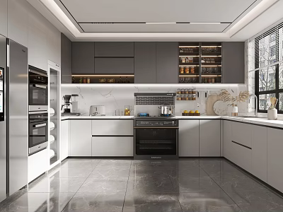 Modern Kitchen With Gray White Cabinets Stainless Steel Appliances And Stone Floor 3d model