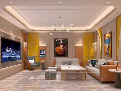 KTV Interior Design With Large Screen Yellow Cabinets Sofa Paintings And Chandelier 3d model