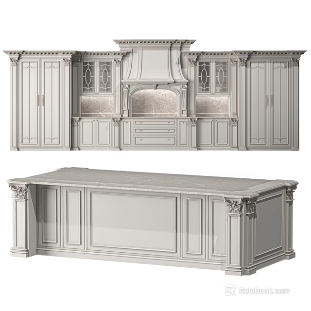 Classical Kitchen Cabinets With Marble Island Countertop And Carved Decorative Details 3d model 