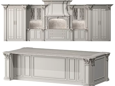 Classical Kitchen Cabinets With Marble Island Countertop And Carved Decorative Details 3d model
