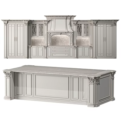 Classical Kitchen Cabinets With Marble Island Countertop And Carved Decorative Details 3d model