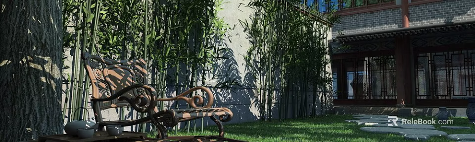 Garden Landscape With Bamboo Plants Light Colored Wall Decorative Bench Green Grass And Sunlight Shadows 3d model 