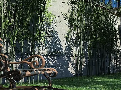Garden Landscape With Bamboo Plants Light Colored Wall Decorative Bench Green Grass And Sunlight Shadows 3d model