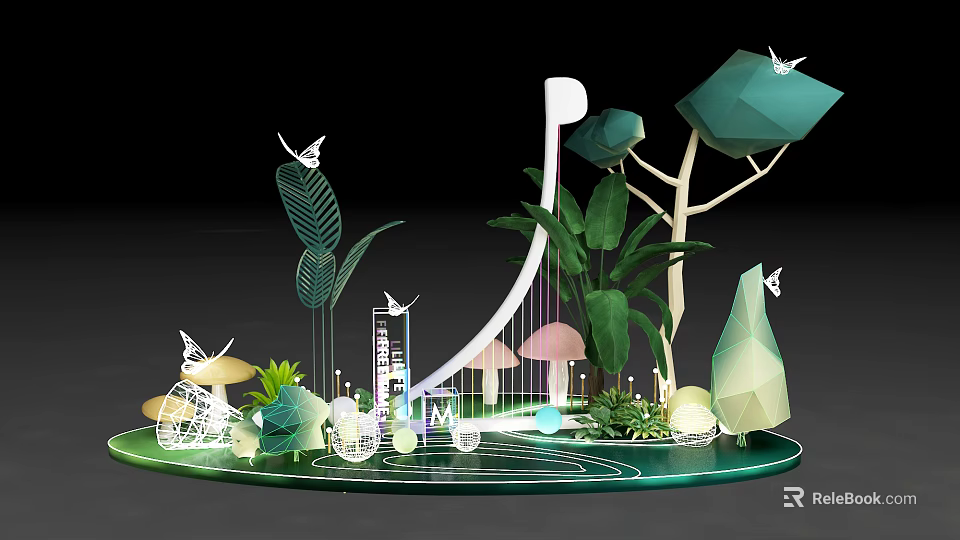 Floral Art Installation With Green Leafy Plants Mushroom Decorations Butterfly Ornaments And Harp Structure 3d model