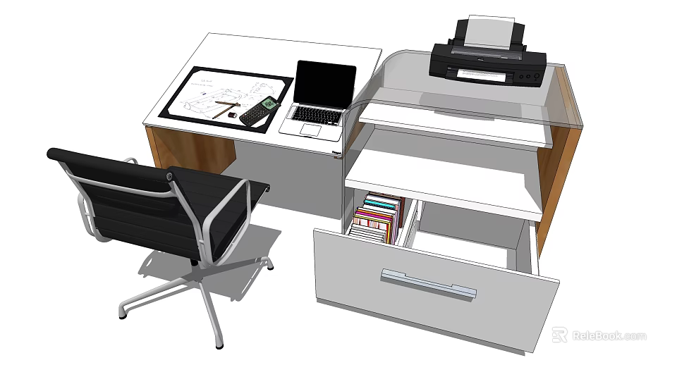 Modern Office Desk with Laptop Tablet Pen Paper Black Chair Open Drawer Books and Printer 3d model 