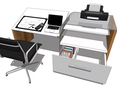 Modern Office Desk with Laptop Tablet Pen Paper Black Chair Open Drawer Books and Printer 3d model