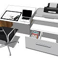 Modern Office Desk with Laptop Tablet Pen Paper Black Chair Open Drawer Books and Printer