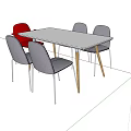 Modern Rectangular White Dining Table Set With Three Gray And One Red Chairs 3d model