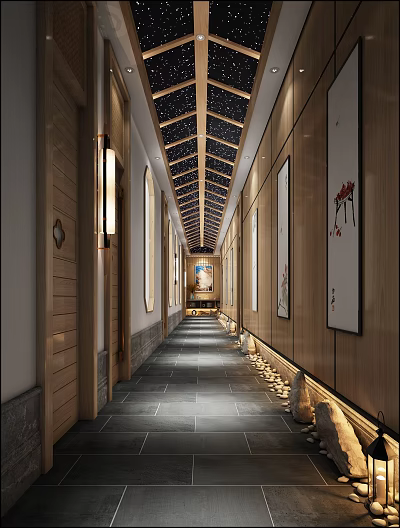 Traditional Chinese Hotel Corridor With Wooden Walls Decorative Paintings Ceiling Grille And Stone Floor 3d model