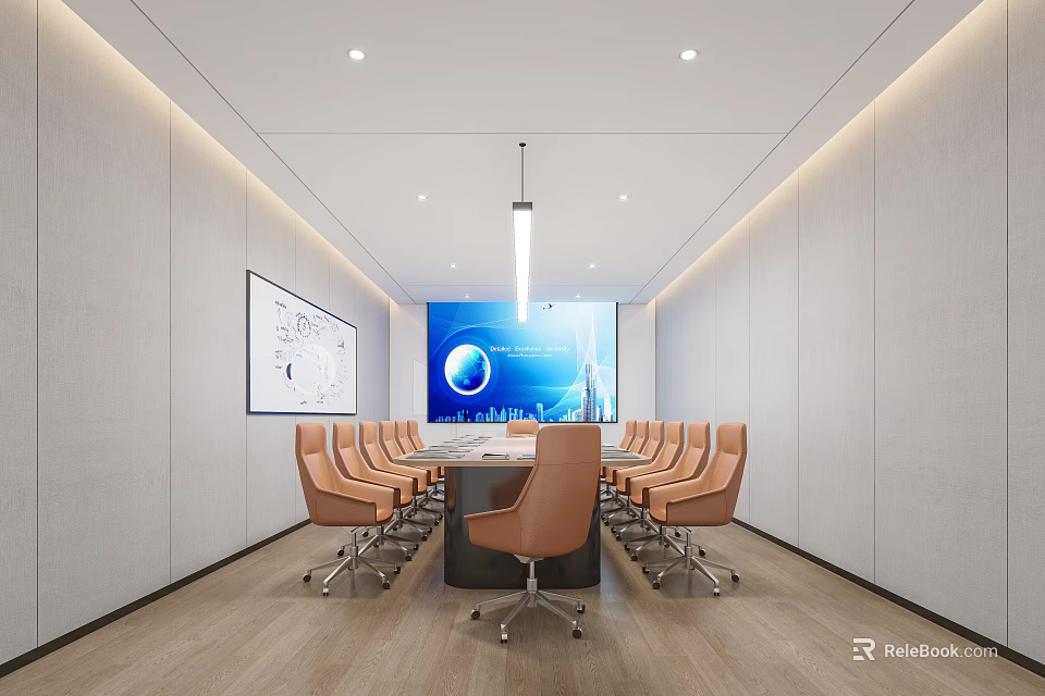 Modern Conference Room Interior With Long Table Orange Chairs Large Screen And Whiteboard 3d model 