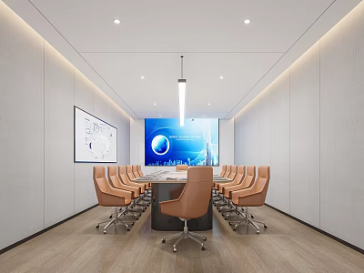 Modern Conference Room Interior With Long Table Orange Chairs Large Screen And Whiteboard 3d model