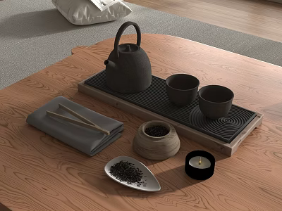 Natural Minimalist Wooden Tea Set with Teapot Cups Tray Tea Caddy and Candle 3d model