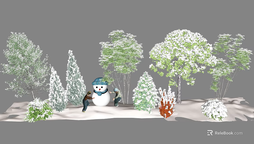 Snow Covered Shrubs In Winter Scene With Snowman And Green Trees 3d model 