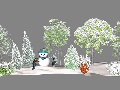 Snow Covered Shrubs In Winter Scene With Snowman And Green Trees 3d model
