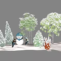 Snow Covered Shrubs In Winter Scene With Snowman And Green Trees
