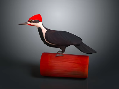 Woodpecker with red head black body white neck on red wooden log with gray background 3d model
