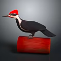 Woodpecker with red head black body white neck on red wooden log with gray background