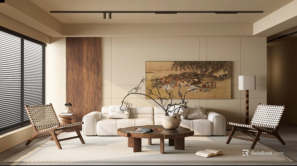 Modern Living Room Interior With White Sofa Wooden Coffee Table Wicker Chairs And Traditional Wall Art 3d model 