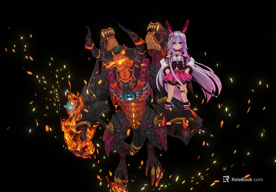 Anime Game Character With Long Purple Hair Standing Beside Fiery Armored Monster With Sparks 3d model 