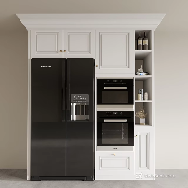 White Kitchen Cabinets With Black Appliances Built in Oven And Storage Shelves 3d model 