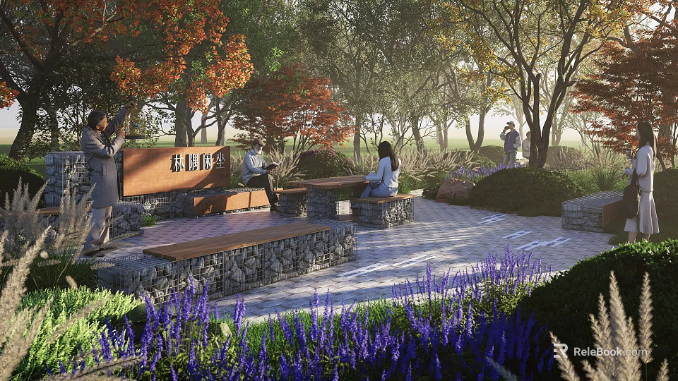 Park Landscape Featuring Colorful Trees Stone Tables Benches And Purple Flowers 3d model 