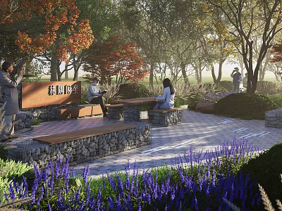 Park Landscape Featuring Colorful Trees Stone Tables Benches And Purple Flowers 3d model