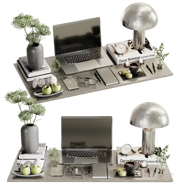Modern Work Desk Setup With Laptop Silver Mushroom Lamp Green Plants And Books 3d model 