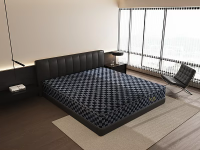 Black Checkered Mattress In Modern Bedroom With Leather Headboard And Large Windows 3d model