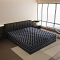 Black Checkered Mattress In Modern Bedroom With Leather Headboard And Large Windows