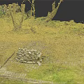 Natural Outdoor Landscape With Wooden Trees And Stone Block Structure On Brick Pavement