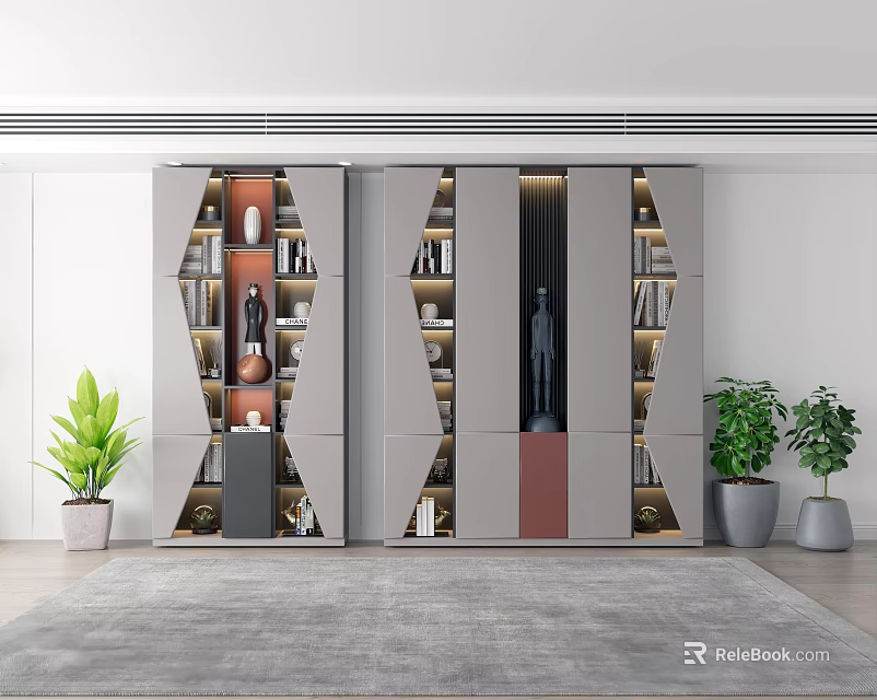 Modern Bookcase Interior Design With Wooden And Glass Shelves Decorative Items And Potted Plants 3d model 