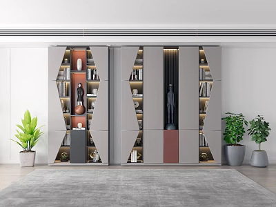 Modern Bookcase Interior Design With Wooden And Glass Shelves Decorative Items And Potted Plants 3d model