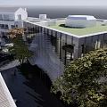 Modern Commercial Street With White Buildings Trees Steps And Evening Pedestrians