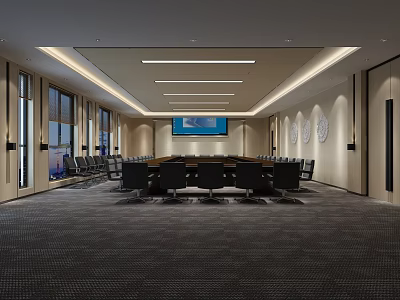 Modern Conference Room With Large Round Table Comfortable Chairs Projector Screen And Linear Ceiling Lights 3d model