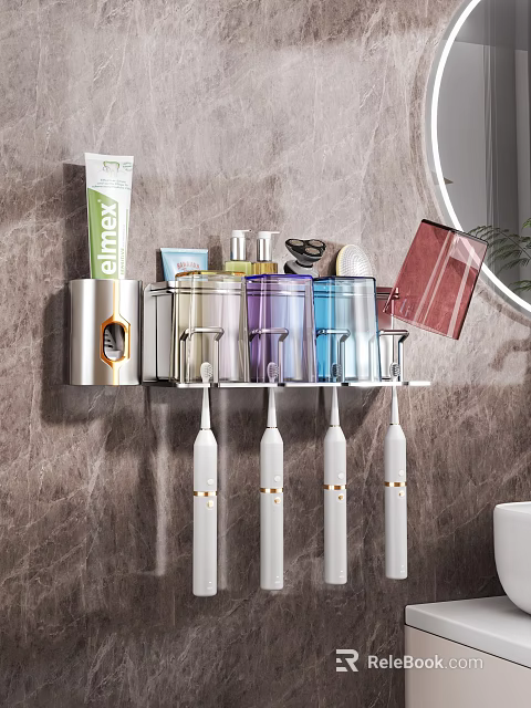 Bathroom Wall Mounted Organizer Shelf With Electric Toothbrushes Storage Cups And Skincare Products 3d model 