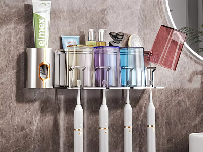 Bathroom Wall Mounted Organizer Shelf With Electric Toothbrushes Storage Cups And Skincare Products 3d model