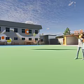 Outdoor Basketball Court With Blue Surface Green Area And Kids Playing Near Yellow Buildings