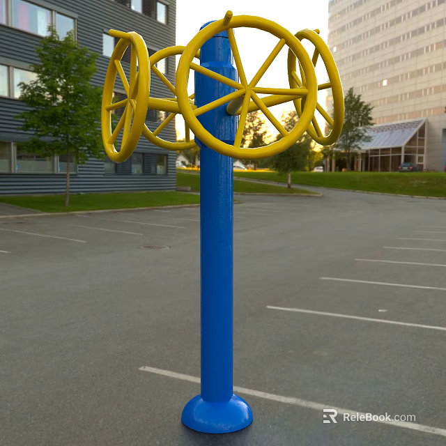 Outdoor Public Sports Fitness Equipment With Blue Pole And Yellow Wheels In Park 3d model 