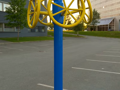 Outdoor Public Sports Fitness Equipment With Blue Pole And Yellow Wheels In Park 3d model