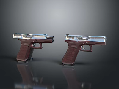 Two Silver Metal Pistols With Brown Wooden Grips And Sleek Design Features 3d model