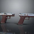 Two Silver Metal Pistols With Brown Wooden Grips And Sleek Design Features