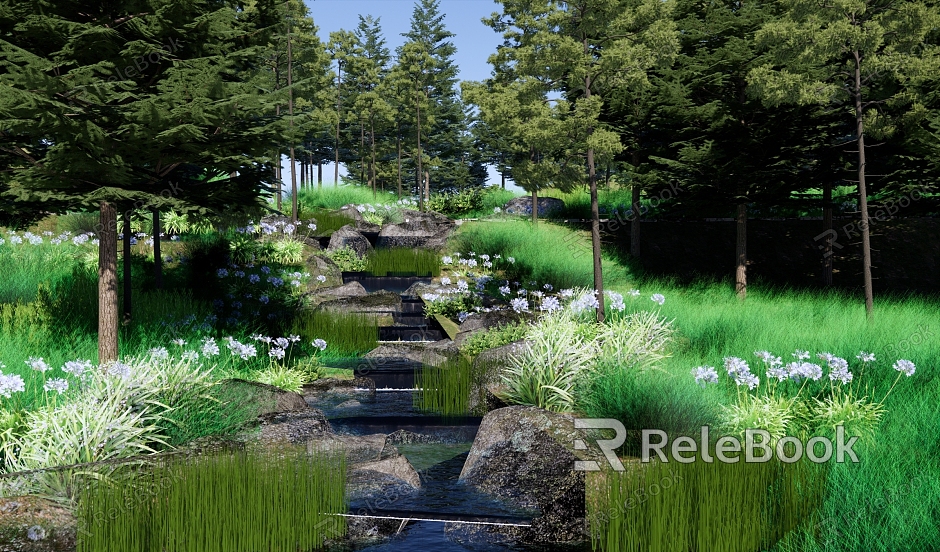 Modern Landscape Park Mountain Forest Park Landscape Valley Stream Dropping Water Overlay Wetland Tidal Flat Rain Garden model