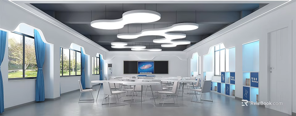 School Modern Classroom With White Tables Chairs Large Screen And Wavy Ceiling Lights 3d model 